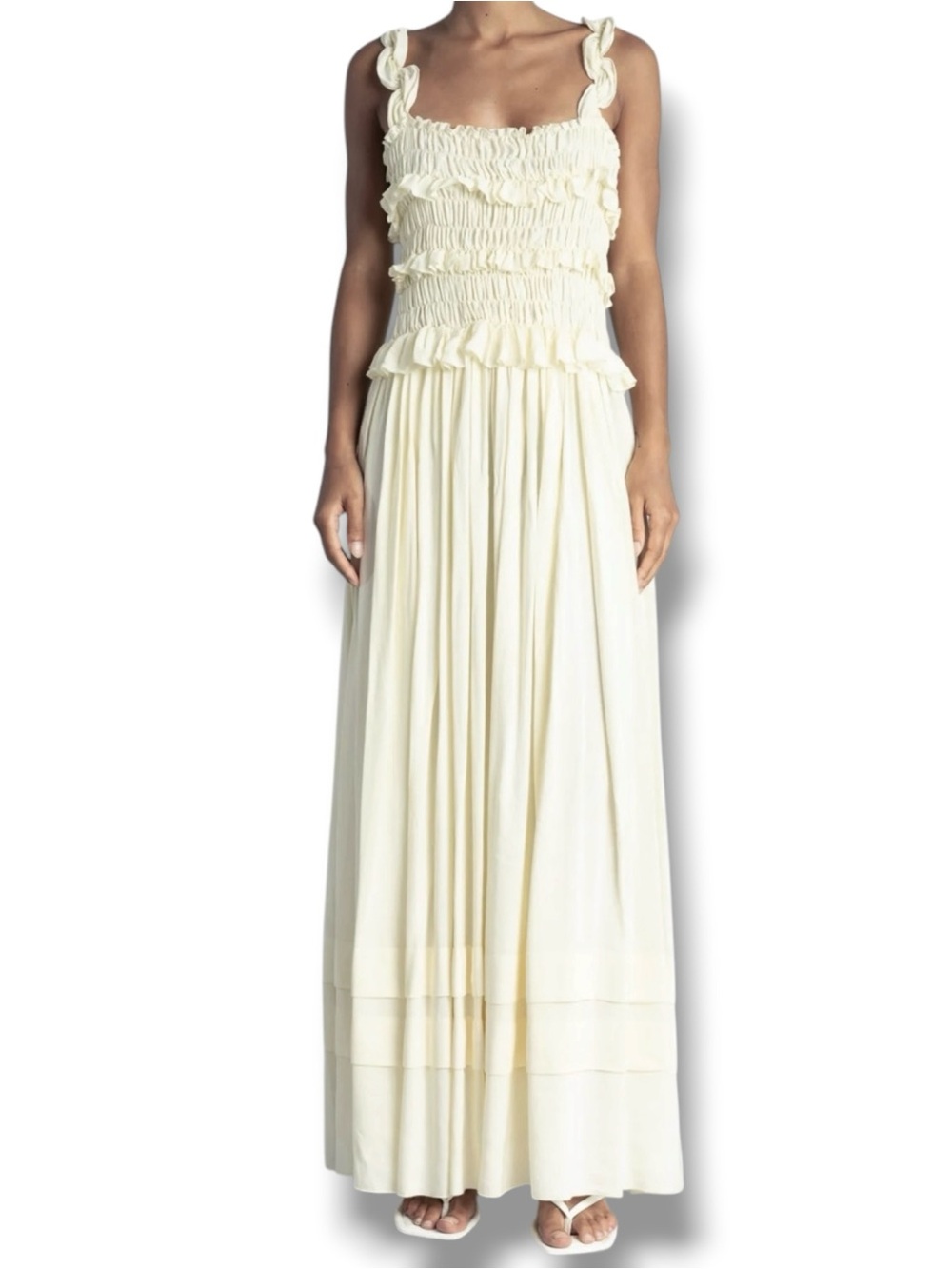 ESTHÈ Linen Ruffle Sundress Dress Smocked  Bodice Size XS Pale Yellow